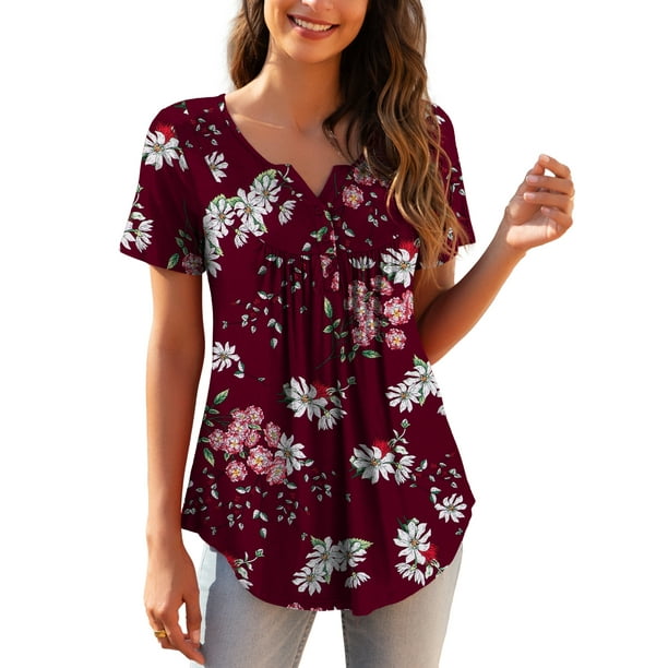 a.Jesdani Womens Plus Size Tunic Tops Short Sleeve Casual Floral Henley ...