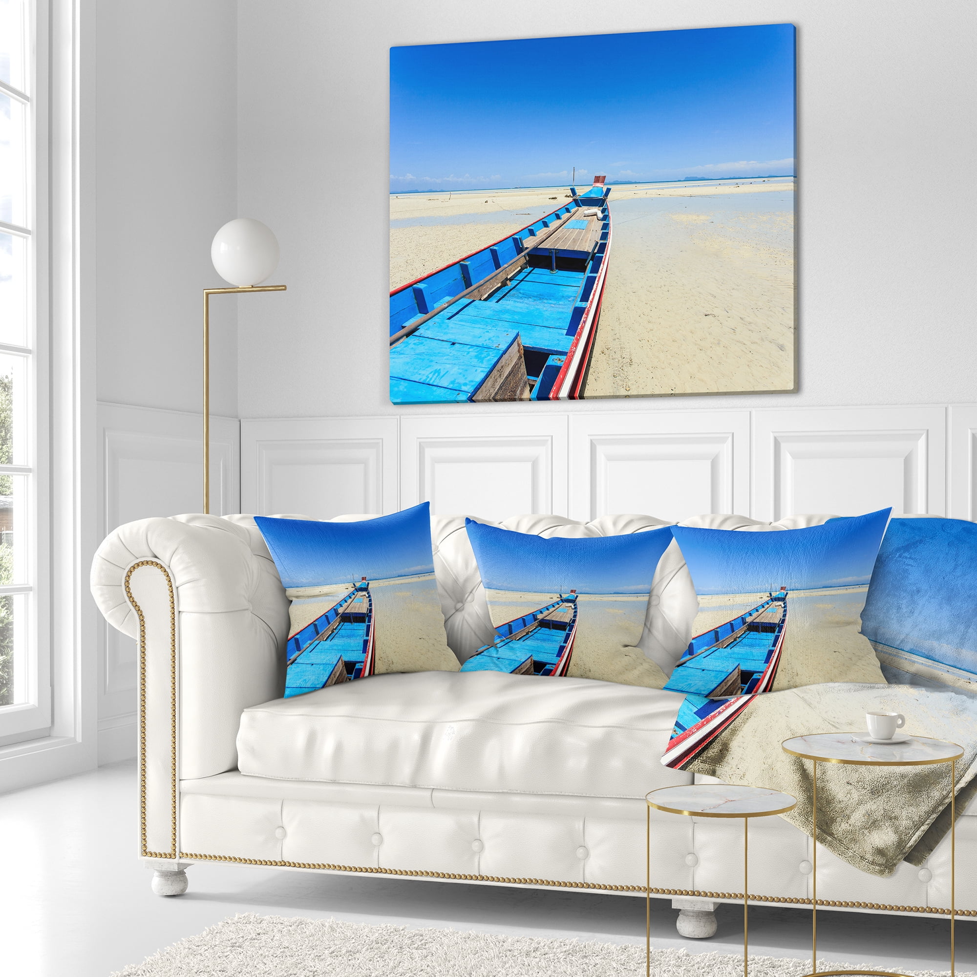 Designart Long Tail Boat Stand at the Beach - Seashore Throw Pillow - 16x16