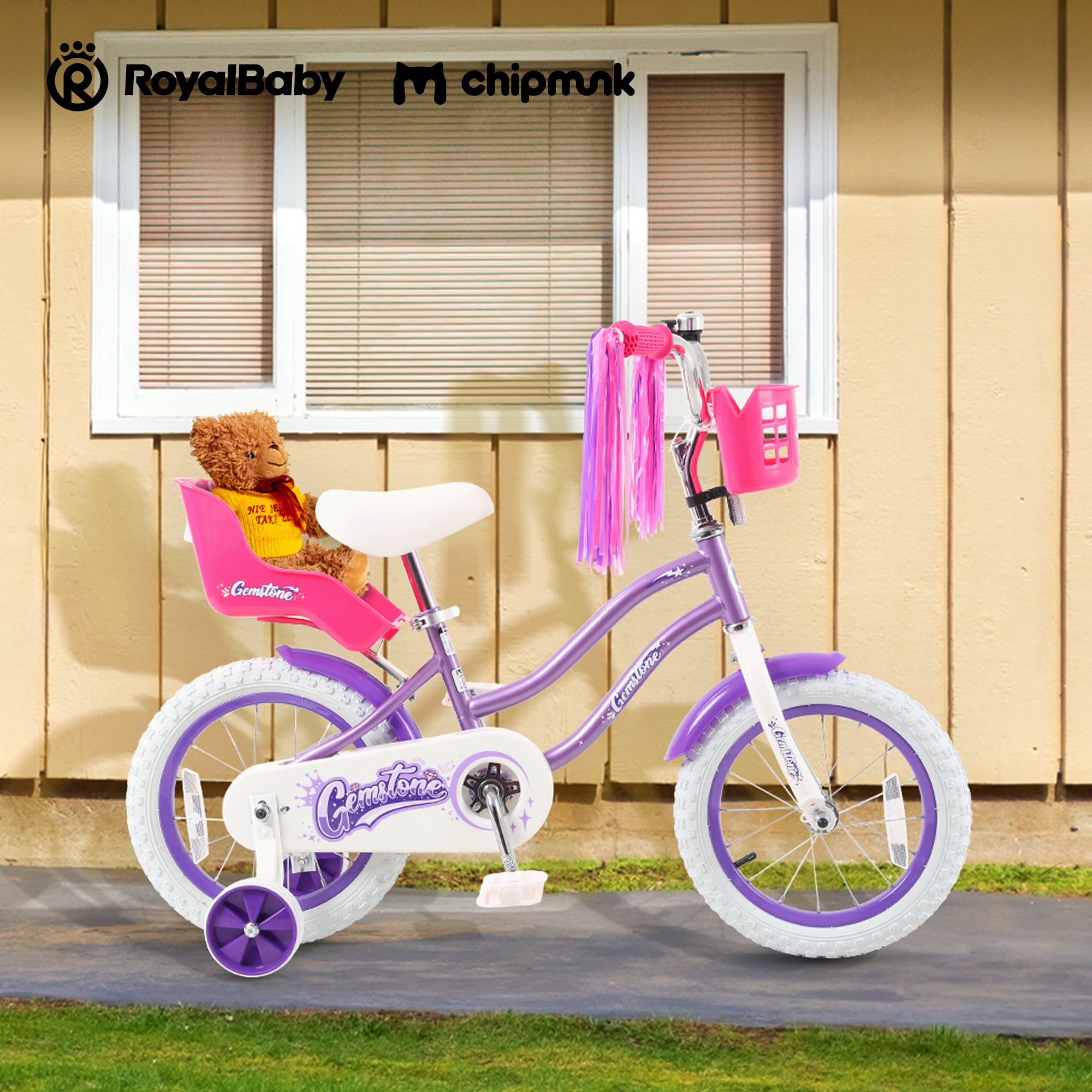 RoyalBaby 16 inch Gemstone Girls Bike Coaster Brake Ages 4-7 Years, With Doll Bike Seat and Streamers Multiple Colors, Pink