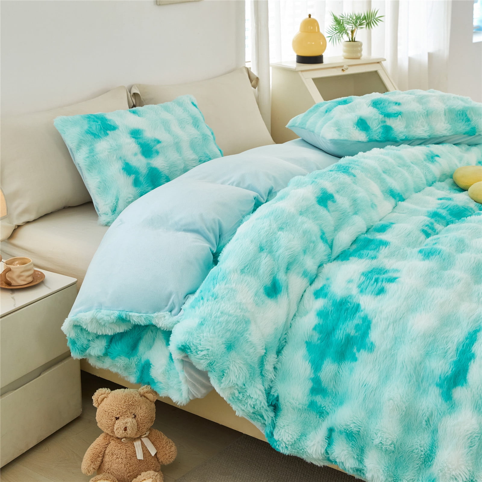 RYNGHIPY 3 Pieces Full Bedding Comforter Sets Faux Fur Bedding Set Mint Green Bubble Comforter Set Tie Dyed Plush Bed Comforter Set Soft Fluffy Bed Set