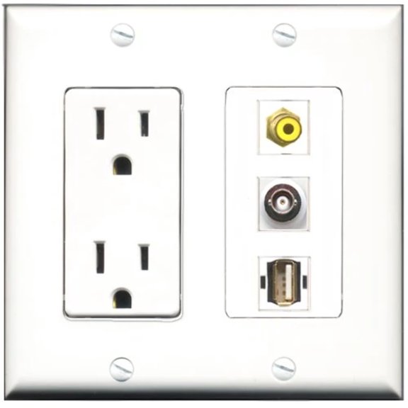 RiteAV - 15 Amp Power Outlet 1 Port RCA Yellow 1 Port USB A-A 1 Port BNC Decorative Wall Plate