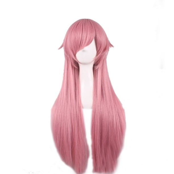 Peluca para cosplay rosa, larga y recta, con flequillo en capas, 100 cm de calor