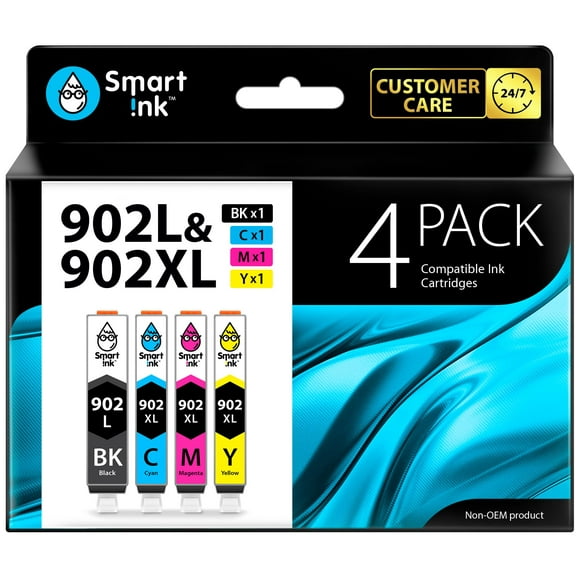Smart Ink Compatible Ink Cartridge Replacement for HP 902 XL 902XL (4 Pack) Advanced Chip Technology to use with Officejet 6951 6954 6956 6958 6950 Officejet Pro 6968 6974 6975 6960 (Black L & C/M/Y)