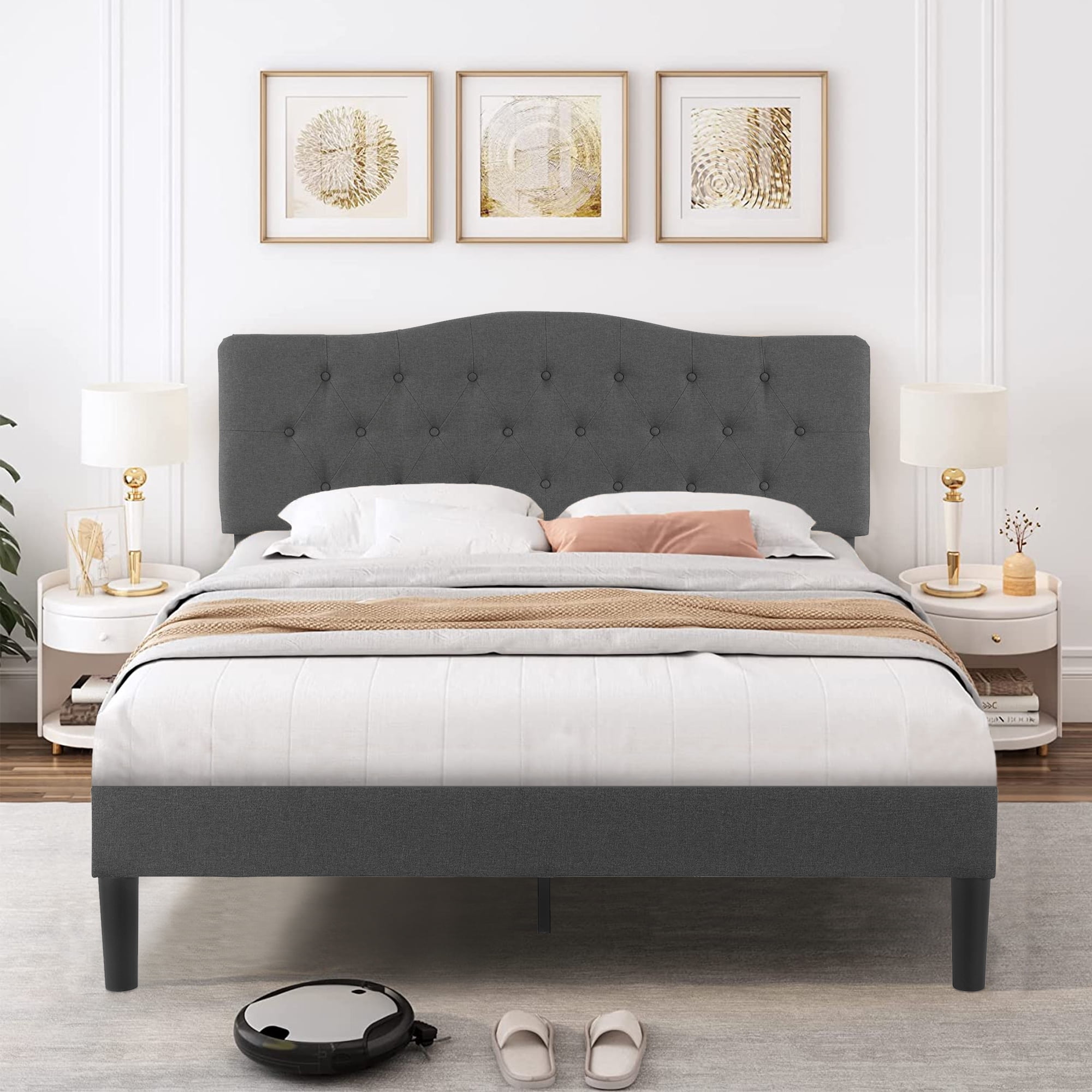 VECELO Queen Platform Bed Frame, Linen Upholstered Bed Frame with ...