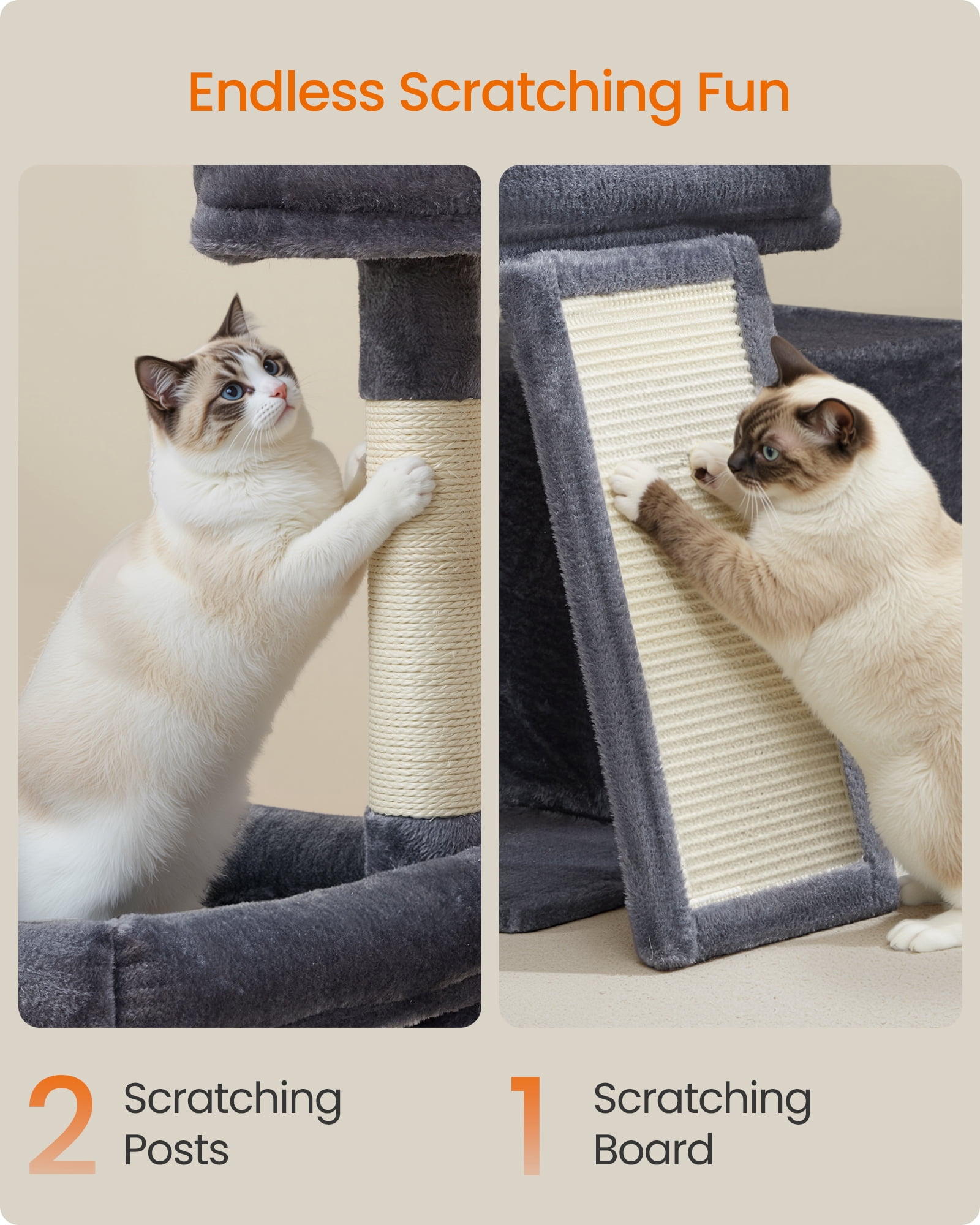 Feandrea Cat Tree, Cat Tower Condo with Scratching Posts and Ramp, 2 Large Perches, Cave, Basket, 33.8 Inches Tall, Dark Gray