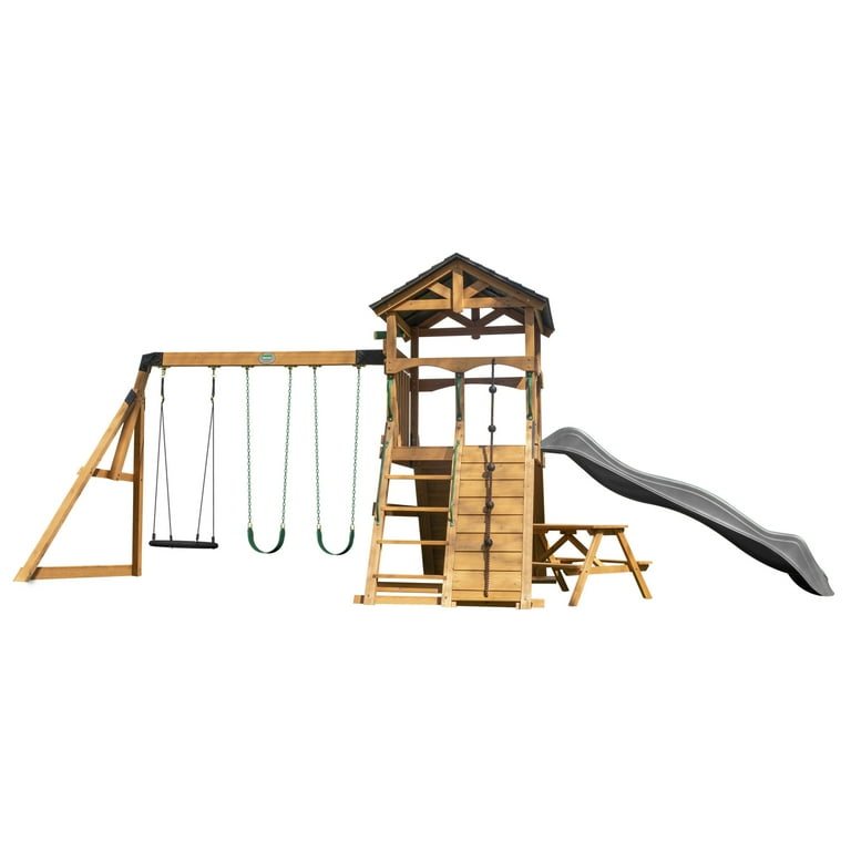 Backyard Discovery Wooden Kids Swing Set, Slide, Play Deck, Double