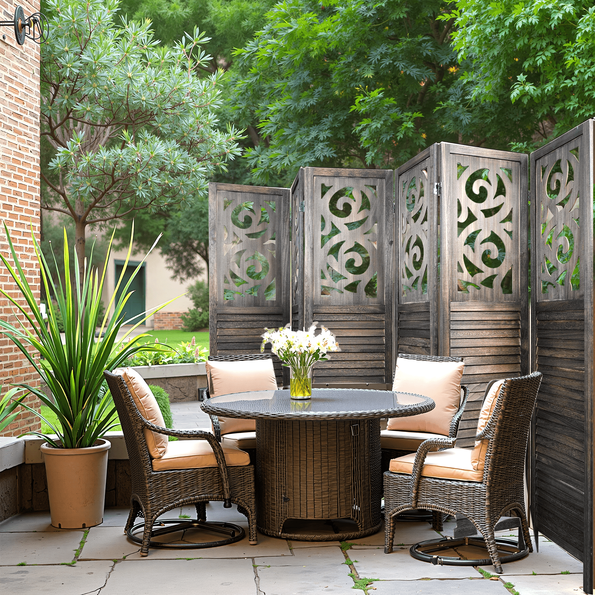 MAYEERTY 6 Panel Freestanding Room Dividers, 6FT Carved Wood Folding Privacy Screens, Rustic Brown
