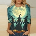thumbnail image 2 of Riecok Halloween T Shirts for Women 3/4 Sleeve Crewneck Witch Printed Tunic Tops Holiday Party Clothes Blue 5XL, 2 of 5