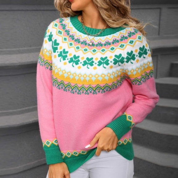 HOMBOM Fall Sweaters for Women Knit Pullover Soft Crew Neck Long Sleeve Pink Womens Tops Floral