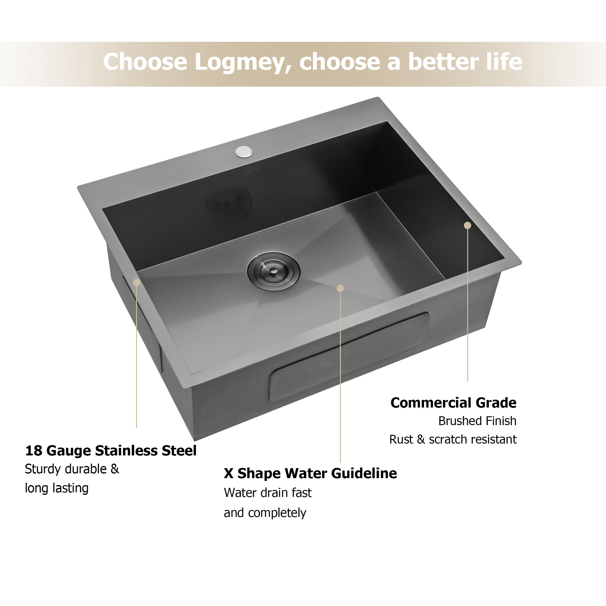 Logmey 28"x22 Drop in Stainless Steel Kitchen Sink Single Bowl Gunmetal Black with Drainer Top-mount  Sinks