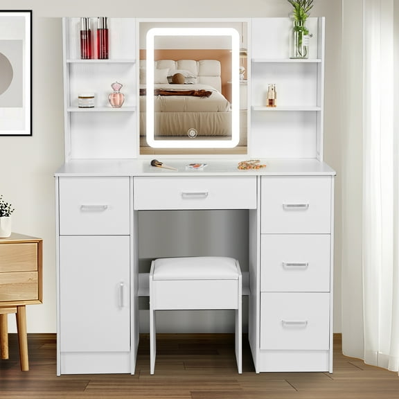 Caulitar Vanity Table with Stool & LED Light Mirror - Adjustable 3-Color Brightness, 5 Drawers Storage Cabinet, Modern White Makeup Dressing Table