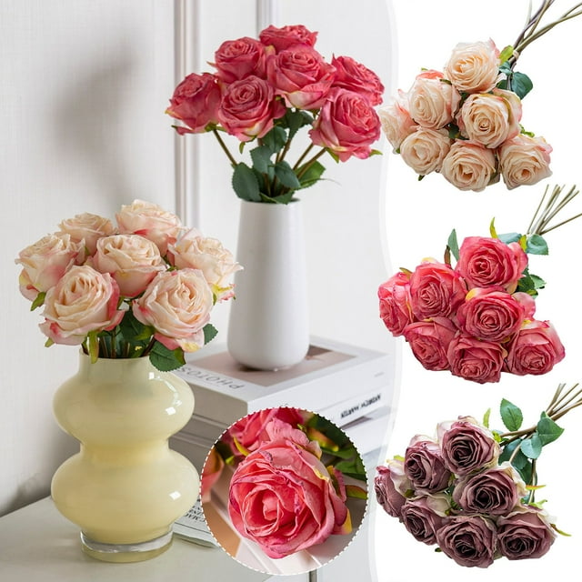 Sentmoon Wedding Decorations Artificial Outdoor Flowers Home Decor Living Room 7 Head Rose Simulation Flowers European-style Antique Burnt Edges Rose Living Room Table Decoration Wedding Bouquet
