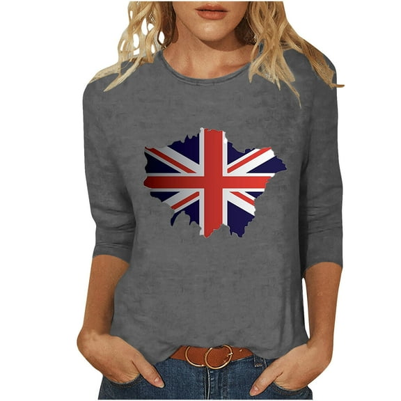 WREESH Womens Great Britain Uk Flag T-Shirts Casual 3/4 Sleeve T-Shirts Round Neck Cute Tunic Tops Basic Graphic Tees Blouses Loose Fit Pullover Gray