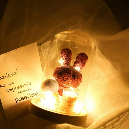 

Valentines Gifts Seaweed Rabbit and Led Light in Glass Dome on Wooden Base Valentine s Day Anniversary Birthday
