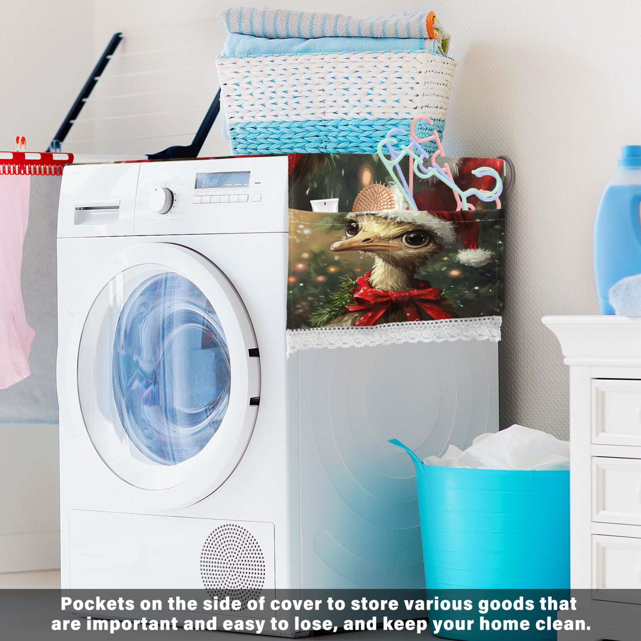 Ostrich with Christmas ElementsWasher and Dryer Covers Dust-Proof and Oil Resistant Fridge Cover with 4 Storage Pockets Washing Machine Top Cover for Laundry Kitchen Home 51.2 x 22 In