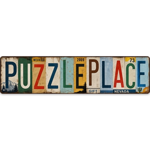 Vintage Metal Puzzle Place Wall Decor Sign 16x4 Inch - Rustic Iron