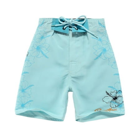 Boy Hawaiian Swimwear Board Shorts with Tie in Ice Blue with Floral Print 8 Year (Best Swimsuits For 12 Year Olds)
