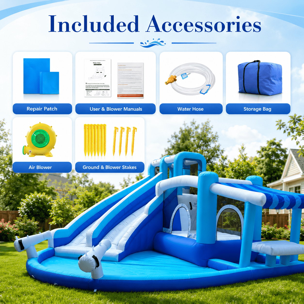 13.8 FT Inflatable Bounce House with Dual Water Slides, Splash Pool, Ball Pit and Blower Included, Blue