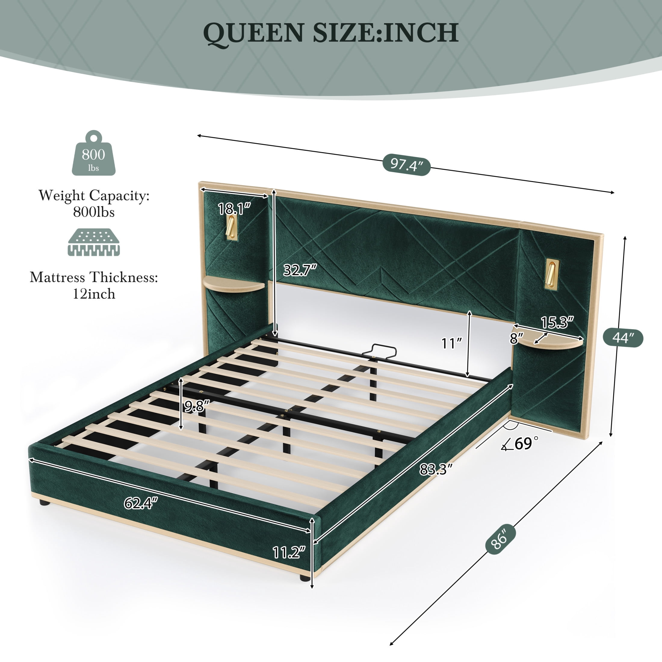 Christopher Knight Home Luxury Velvet Upholstered Queen Bed with Headboard, LED Lights, Storage Side Panels, Green