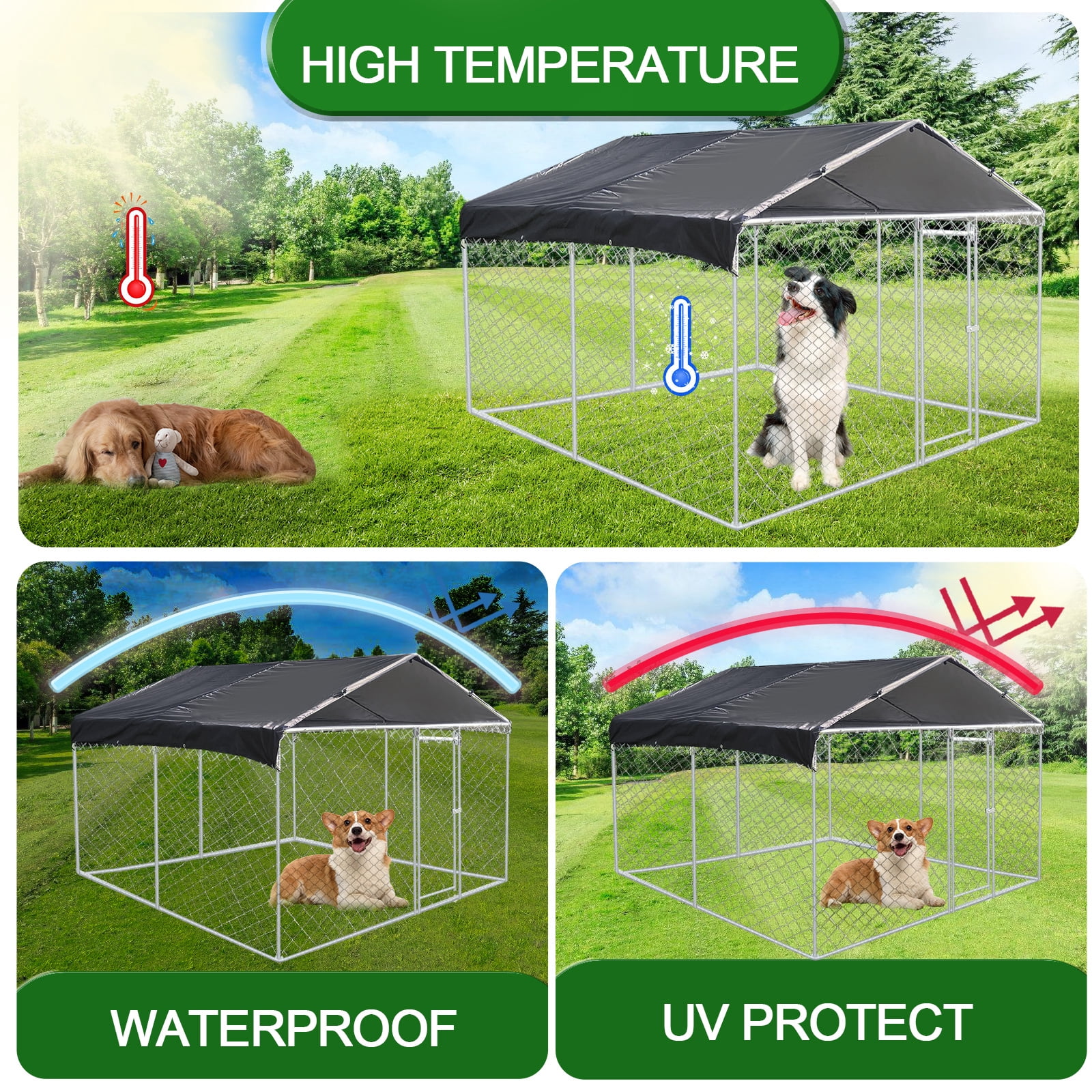 Caulitar 10 x 10FT Large Outdoor Dog Run Kennel, Heavy Duty Dog Pets Cage Galvanized Steel Dog Fence Dog Enclosure Playpen with Waterproof Cover