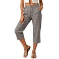 thumbnail image 5 of GEWSEY Linen Capri Dress Pants for Women Casual Elastic Waist Cropped Wide Leg Pants with Pockets Summer Baggy Work Trousers Grey for Size S, 5 of 6