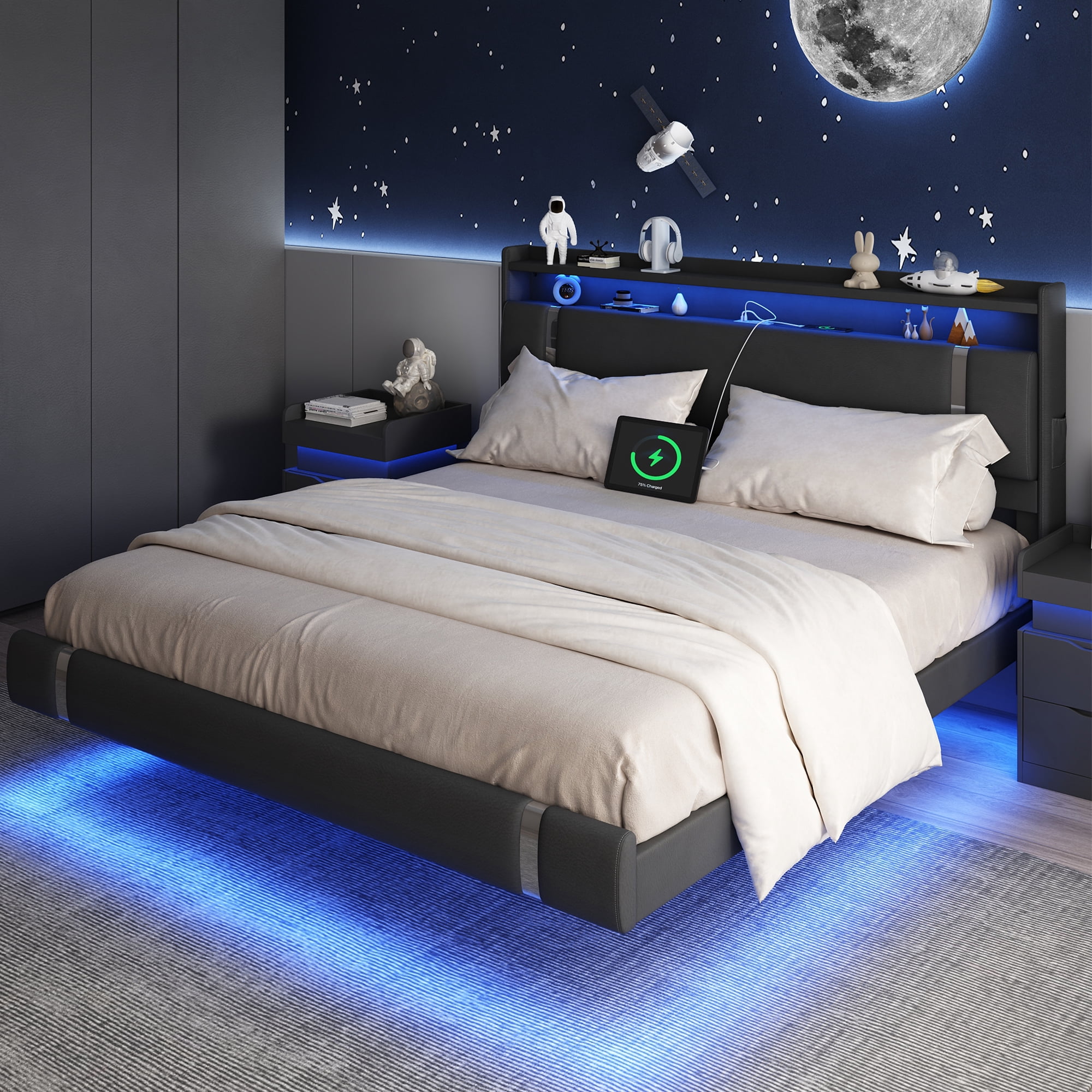 IDEALSOUL King Size Floating Bed Frame with Upholstered Storage Headboard, Metal Platform Bed with Charging Station & LED,No Box Spring Needed,Easy to Assemble (King,Black)