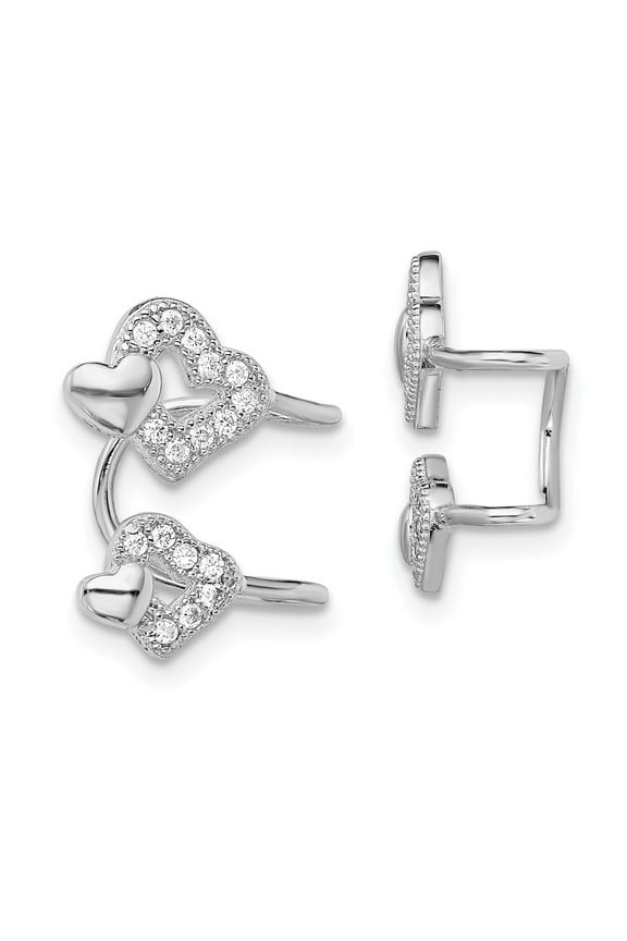 925 Sterling Silver Rhodium-plated CZ Double Heart Left Cuff Earring; for Adults and Teens; for Women and Men