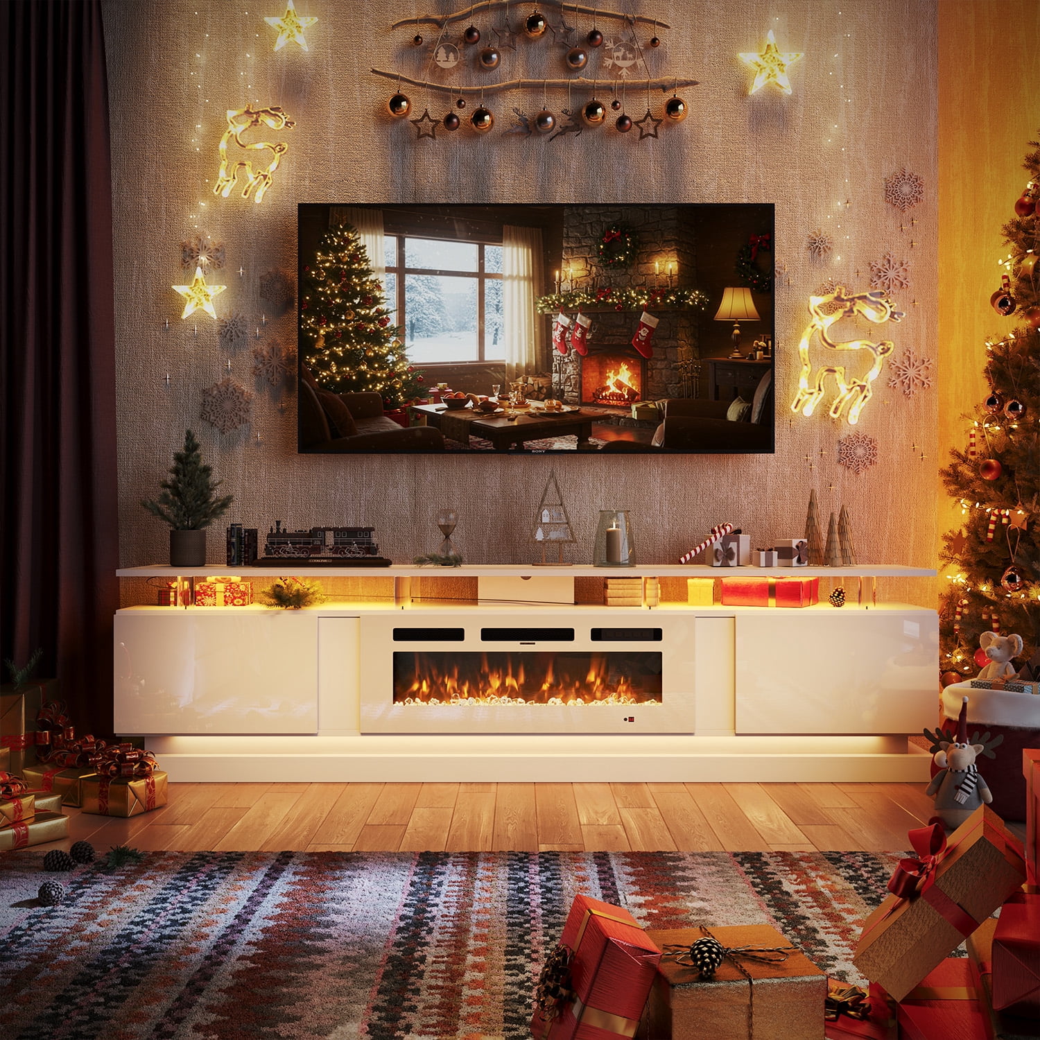 Sonegra Modern Fireplace TV Stand for TVs Up to 90" with Music Sync LED, 80" Entertainment Center with Electric Fireplace, TV Console with Storage Cabinets for Living Room, White