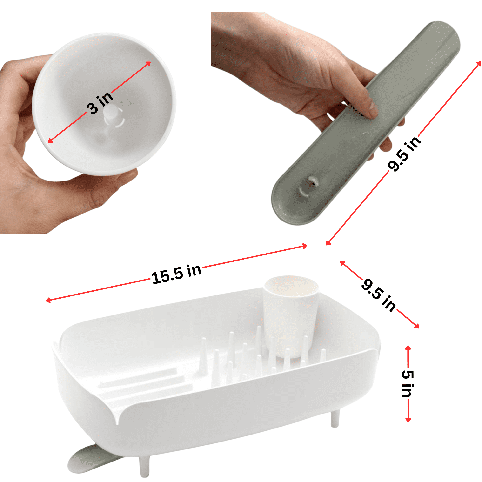 Nineware Sleek Dish Drying Rack with Spoon Holder, Compact Dish Drainer, Stylish Countertop Organizer with Drainage Spout for Small Kitchens & Apartments, Made in Korea (Cream White)