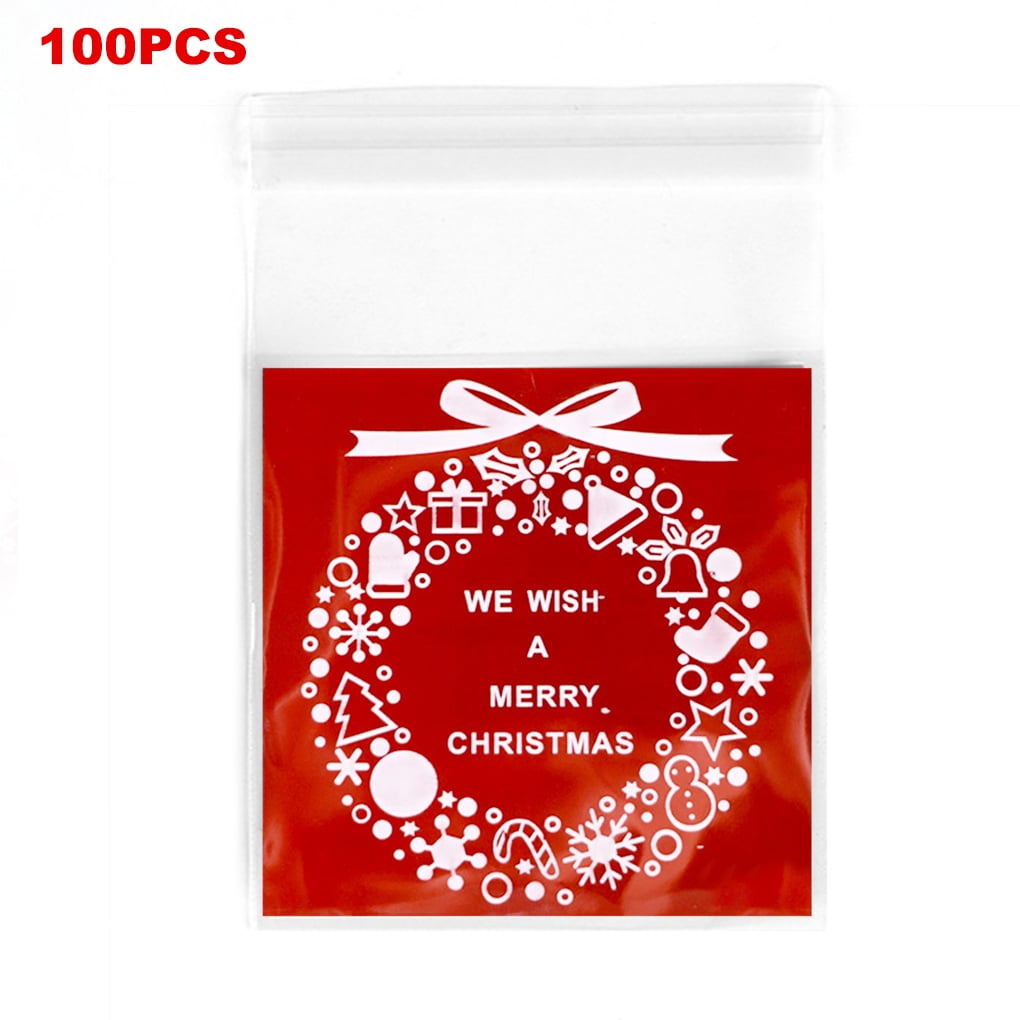 100 Pieces Self Seal Plastic Food Bag Christmas Themed Resealable Clear Snack Storage Pouches