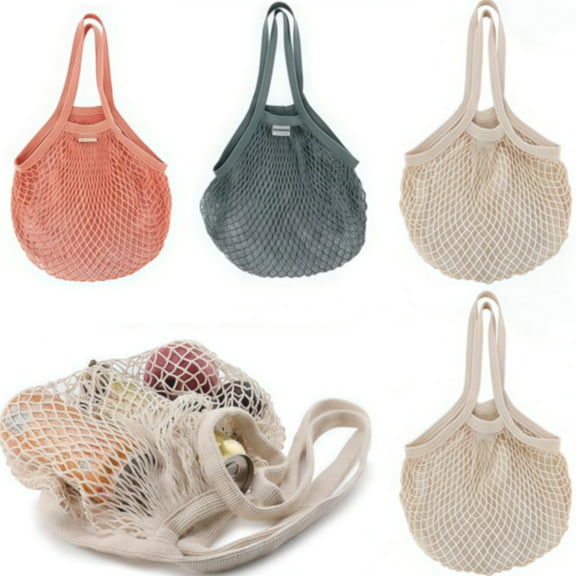 CCF Reusable Cotton Mesh Grocery Bags，Long Handle Net Tote String Bag for Farmers Market Shopping 5 Pack