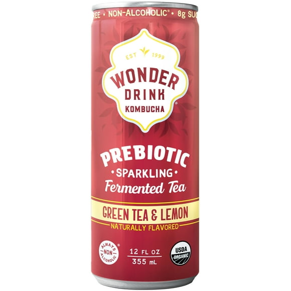 Wonder Drink 12 fl. oz. Organic Green Tea and Lemon Prebiotic Kombucha Can - 12/Case