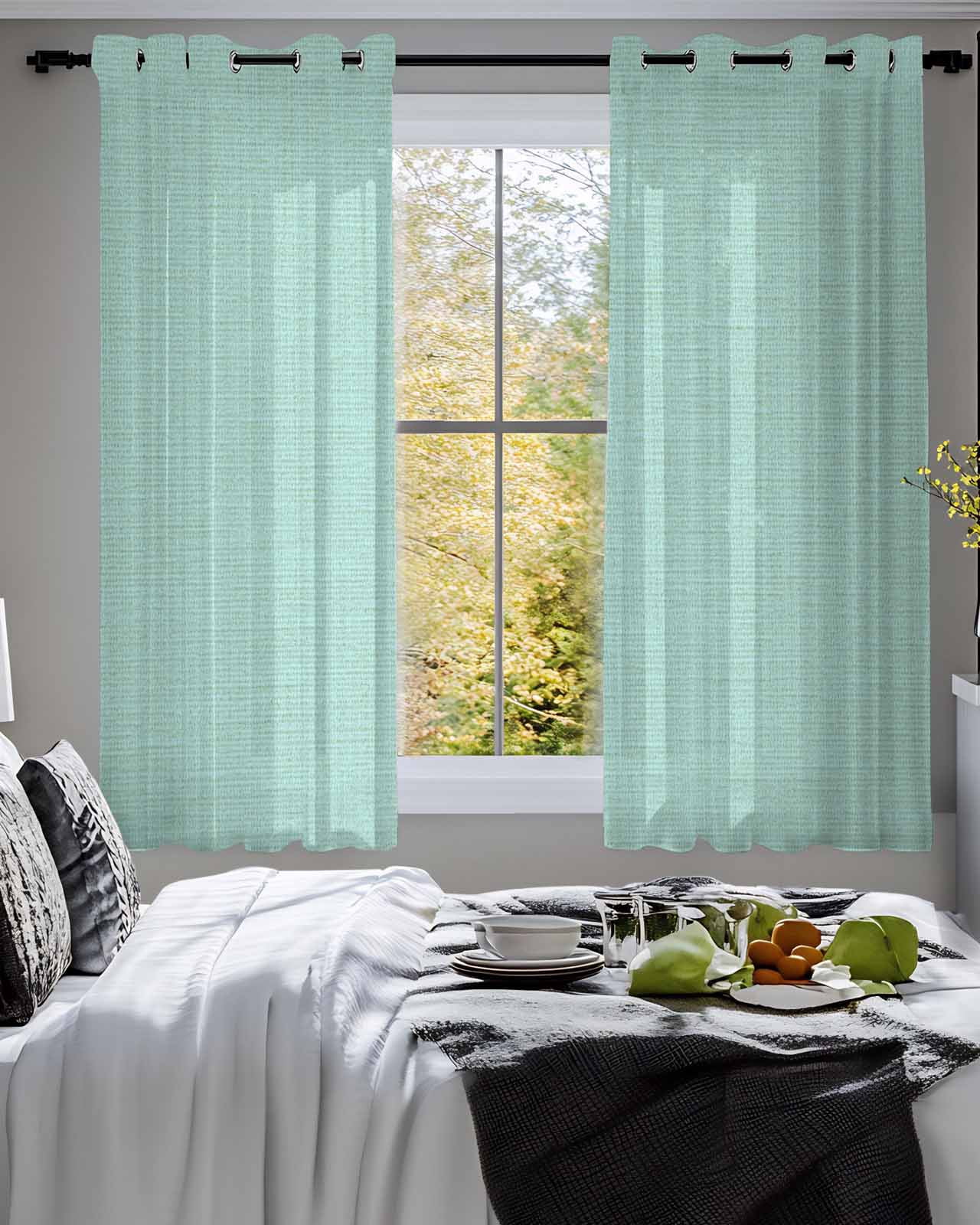 Linen Mint Green Sheer Curtains 54 Inch Length 2 Panels Set for Living Room/Bedroom, Modern Minimalist Pure Solid Color Kitchen Curtains Grommet Semi-Sheer Curtains Drapes Window Treatments 42"x54"x2