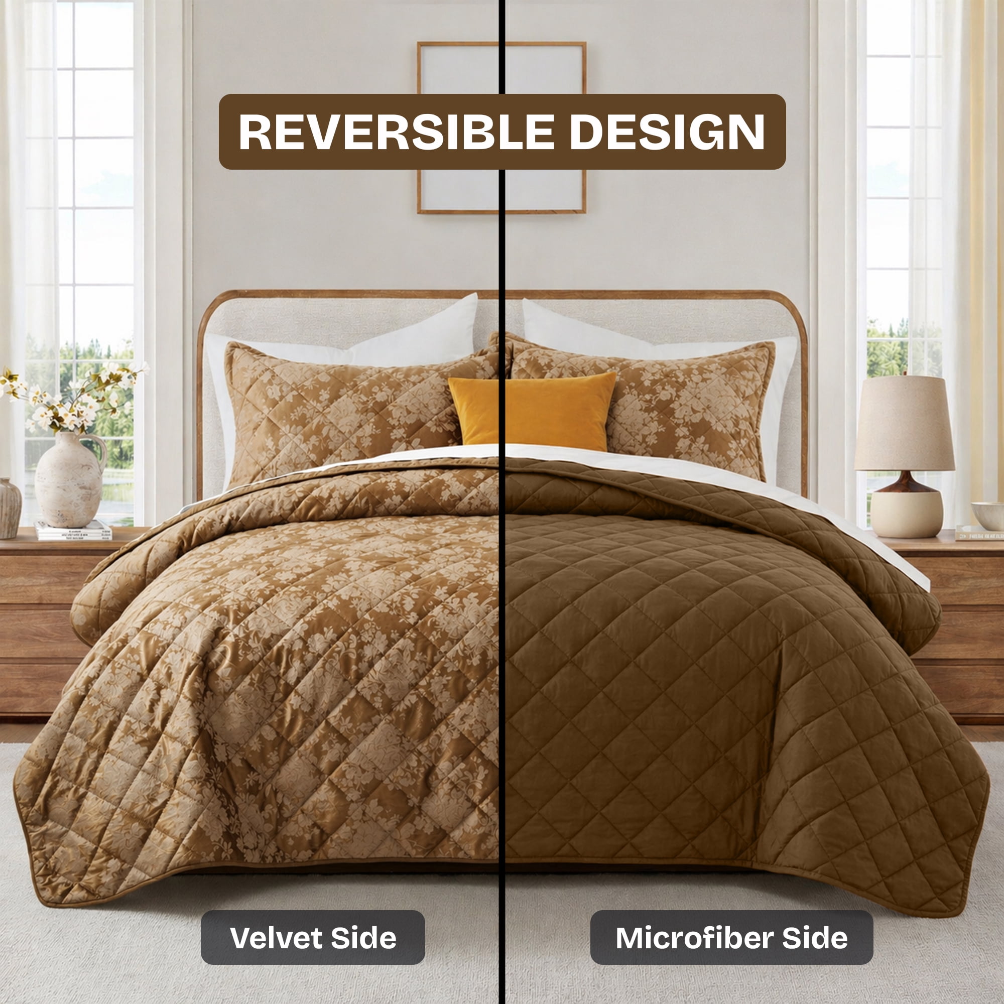 Ameha 3-Piece Velvet Quilt Set Floral Diamond Pattern Ultrasonic Embossed Bedspread Reversible Lightweight Microfiber Coverlet King Size Caramel