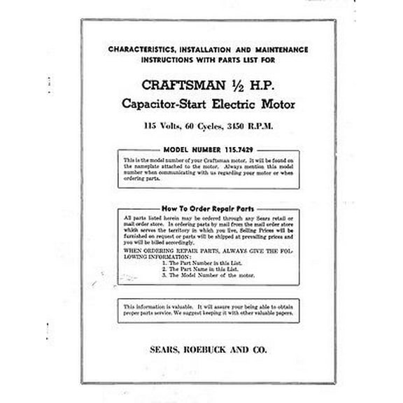 Craftsman 115.7429 1/2 HP 3450 RPM Capacitor-Start Motor Instructions REPRINT