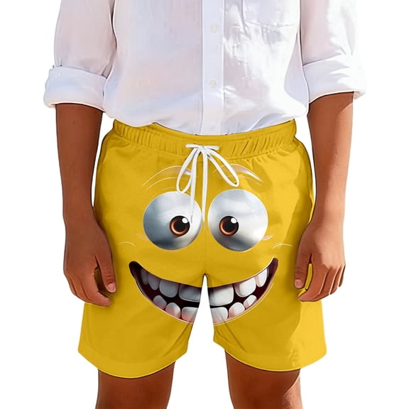 IWRICH Kids Boys Board Shorts Funny Face Frinted Elastic Drawstring Waist Swim Trunk Summer Casual Beach Bathing Suit,Size 1-14 Years 10-Yellow 160