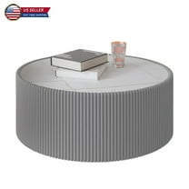 Hassch 29.5" Round Coffee Table with Marble Top and Gray PU Leather Covered Frame, Stable Cylindrical Drum Table for Books, Lamps, Coffee, Bedside or Display
