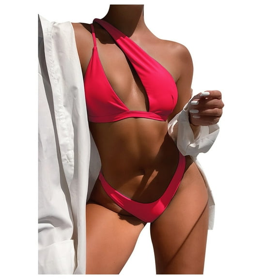 Women Padded Bathing Suit 2 Piece Cutout One Shoulder Brazilian Bikini Set High Cut Cheeky Thong Swimsuit Swimwear
