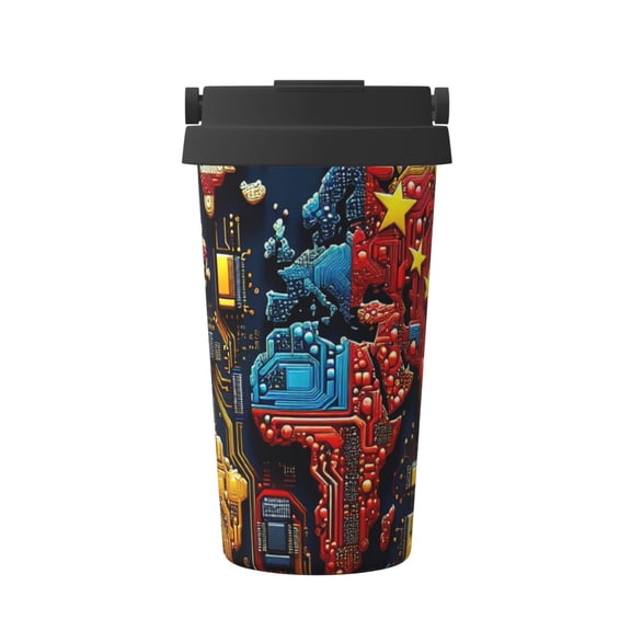 KLL World Map Of Digital Circuits Pattern Stainless Steel Vacuum Insulated Tumbler - Carry Insulated Coffee Mug - Reusable Insulated Cold Brew Iced Coffee Cup Thermos