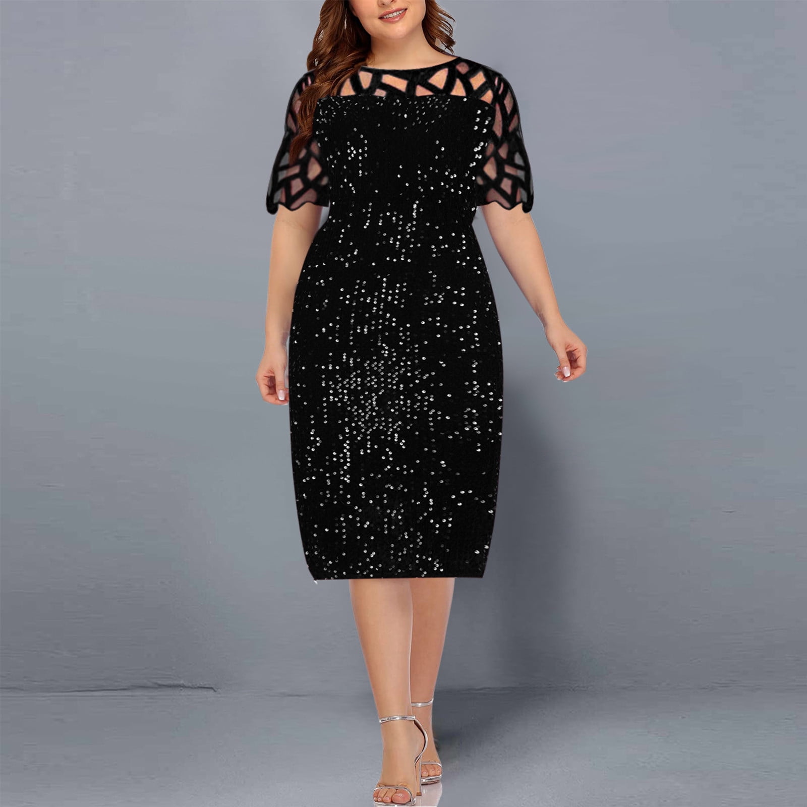 Yuwull Plus Size Dress for Women Mesh Lace Splicing Semi Formal Evening ...