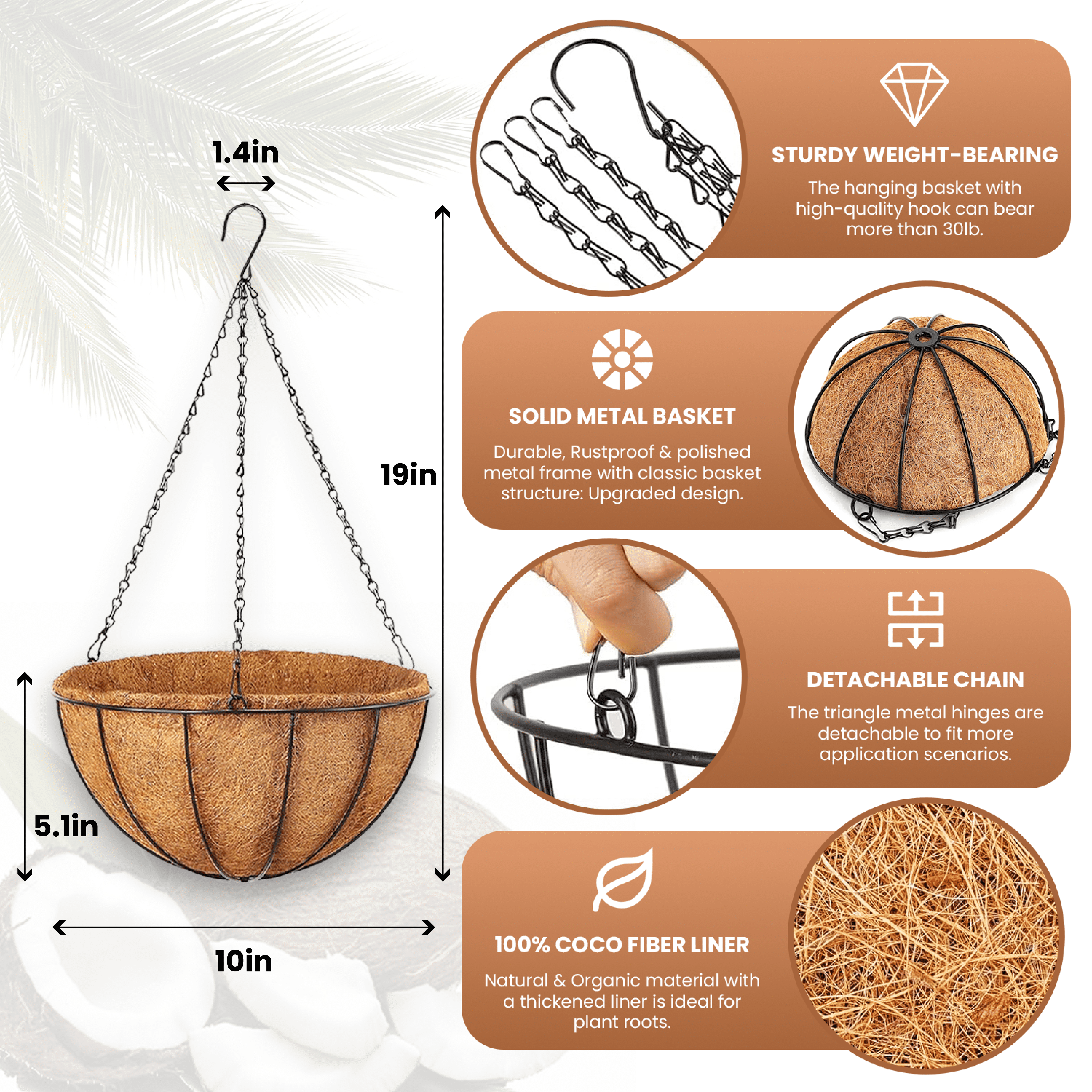 Diigabo 3-Pack Metal Hanging Planter 10-Inch Baskets Coconut Coir Liners Rustproof Iron Frame with Hook for Indoor Outdoor Porch Garden Décor