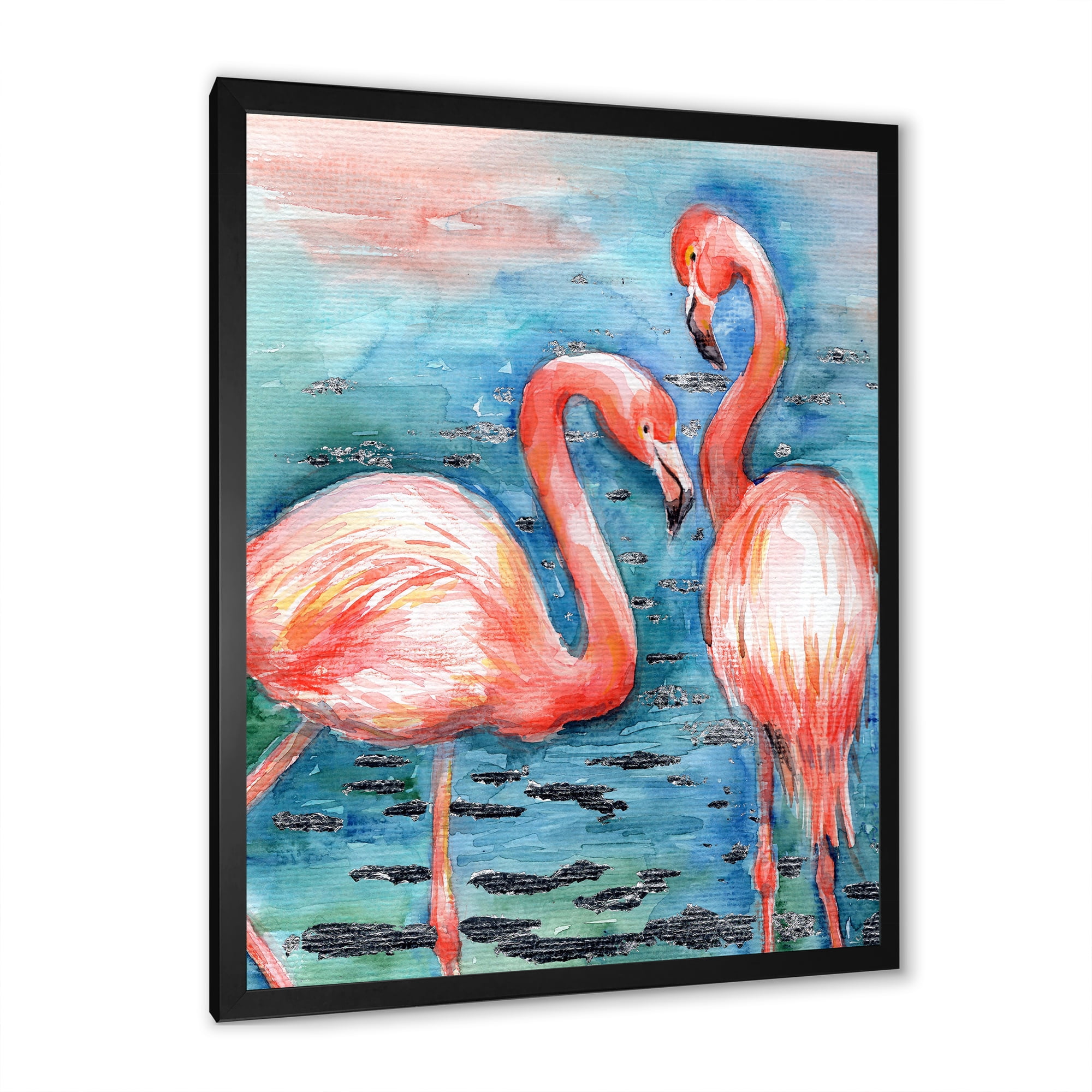Designart 'Pink Flamingos Love Birds In Blue Water I' Farmhouse Framed Art Print