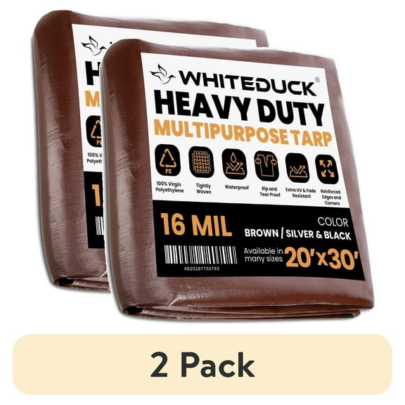 (2 pack) WHITEDUCK 20' x 30' Heavy Duty Tarp Cover Waterproof - 16 Mil Brown w/Grommets & Reinforced Edges