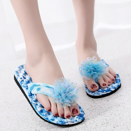 

Fashion Women Summer Beach Flowers Breathable Shoes Sandals Home Slipper Flip Flops Flat Shoes Blue 6.5