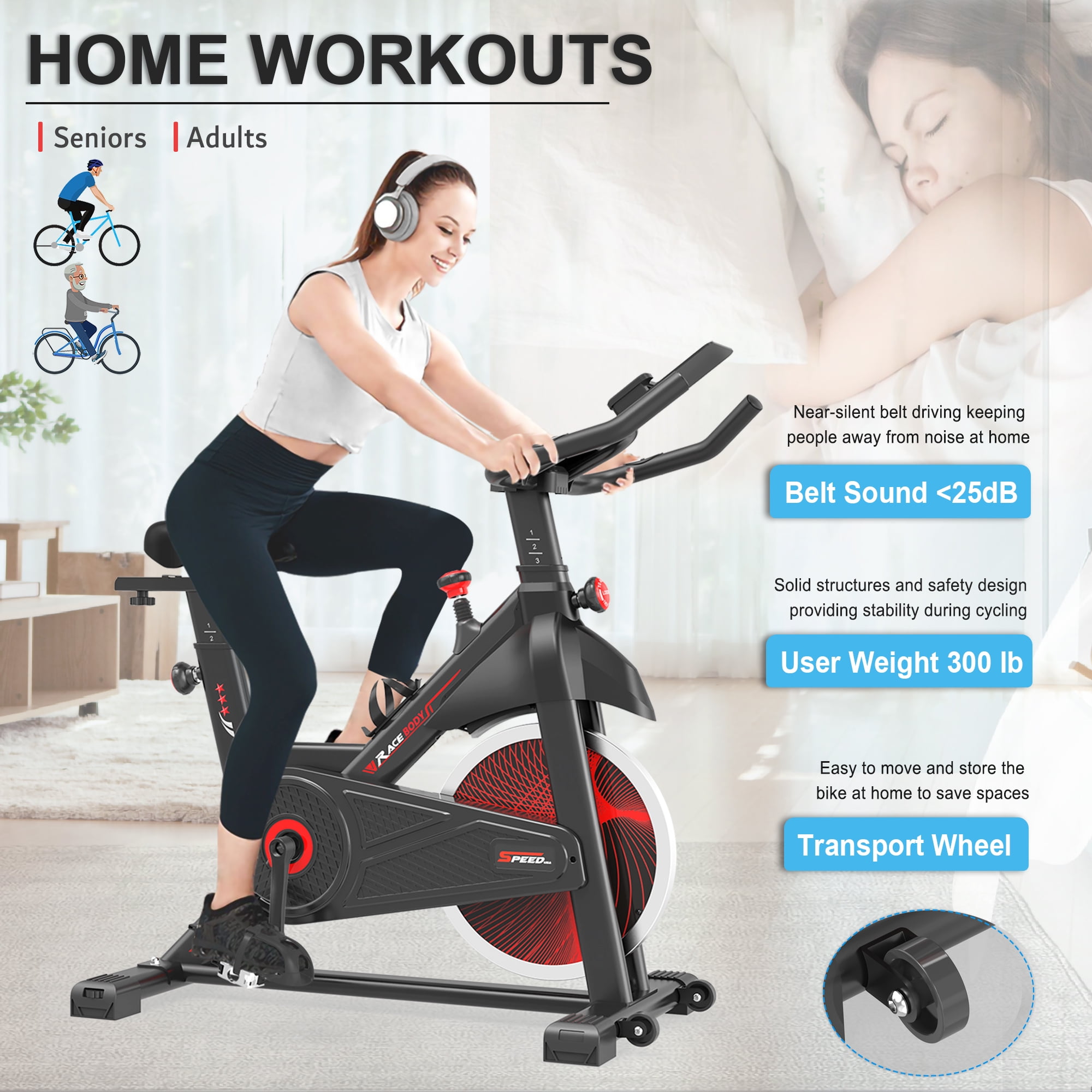 EUROCO 260LBS Exercise Bike Indoor Cycling Bike Stationary Home Gym Workout Fitness Bike with Comfortable Cushion Adjustable Resistance Bar LCD Display and Hand Pulse Walmart