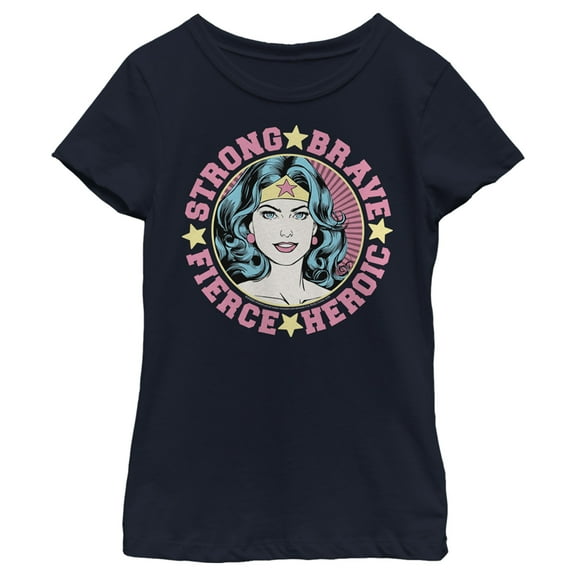 Girl's Wonder Woman Strong Brave Fierce Heroic Graphic Tee Navy Blue X Large