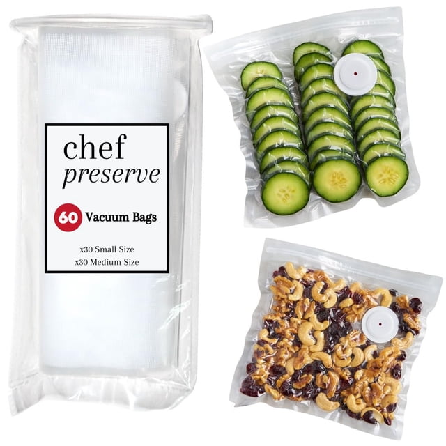 Chef Preserve Sacs Réutilisables pour Scelleuse sous Vide pour Aliments – 60 Sacs de Rangement pour Aliments Sans BPA, Congélateur, Micro-Ondes – 128