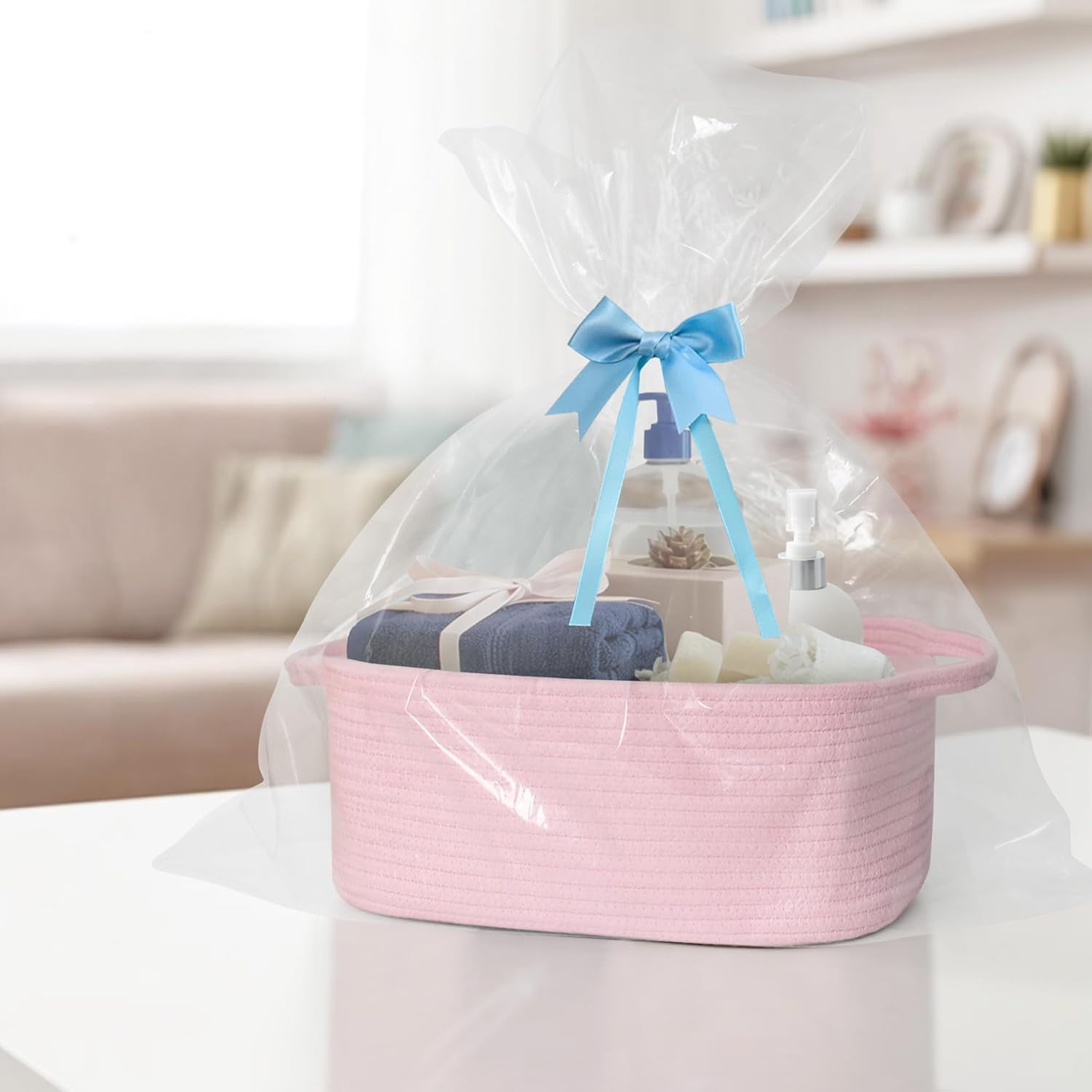 Pink Woven Storage Basket, Cotton Rope Gift Basket Empty, Cute Organizer for Girls, Decorative Baby Nursery Closet Bin, Pink Room Decor, Gift Ready Bin with Handle, Wicker Pet Toy Storage Box