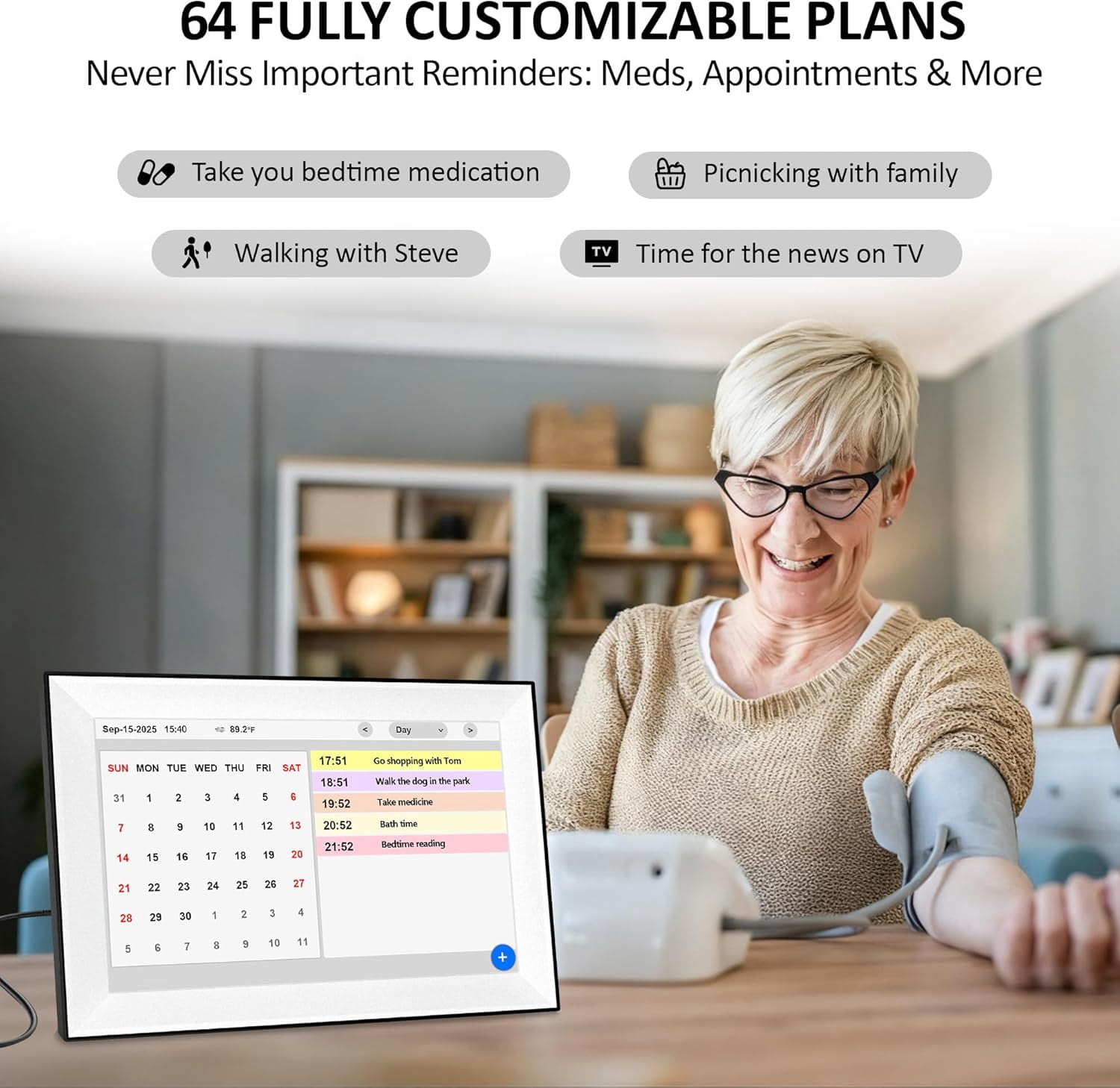 WiFi Touch Screen Digital Calendar Clock 10.1 Inch with 64 Custom Alarms Auto-Sync  Date 7-Day Weather Forecast Weekly Schedules Desk Alarm Clock for Bedroom Kitchen