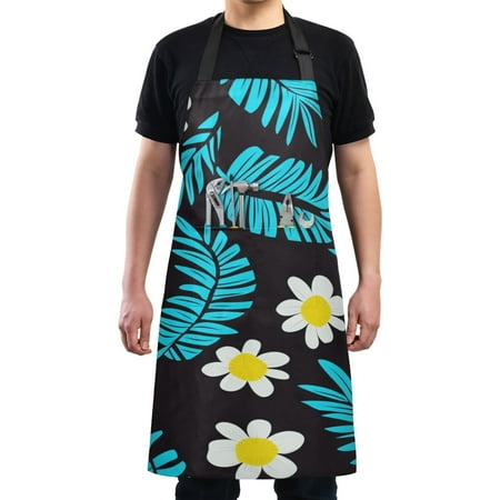Daisies and Leaves on Black Chef Kitchen Apron with Pockets for Women Waterproof Aprons for Cooking Baking